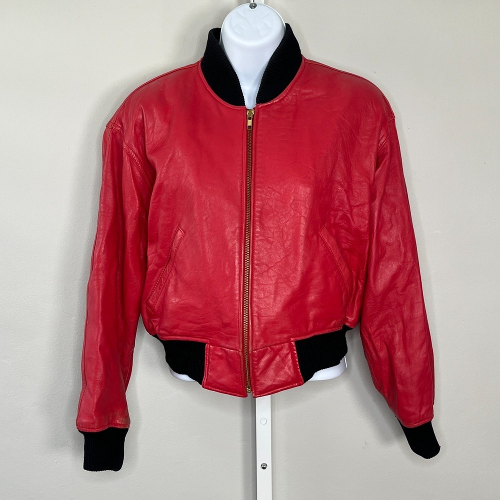 Wilsons Leather Vtg Red Leather Bomber Jacket Cropped Black Rib Trim Retro MJ